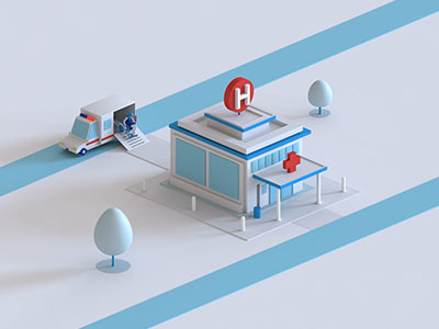 cartoon image of person being wheeled into a hospital
