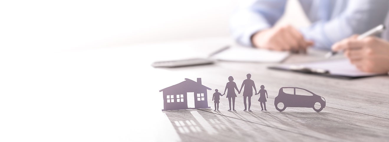 image of silhouetted house, people and car and an insurance agent